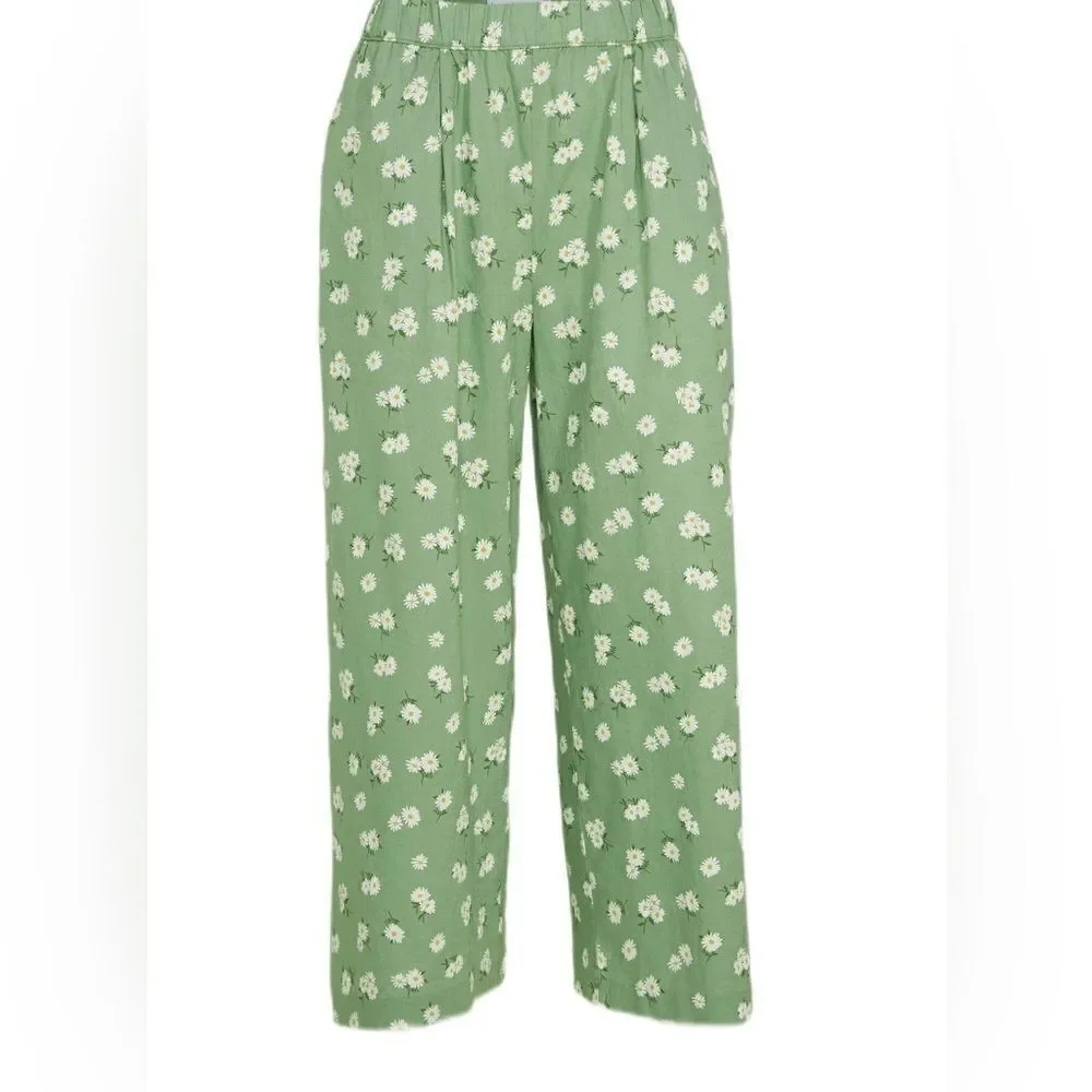 Mango Linen Blend Floral Pants Green New